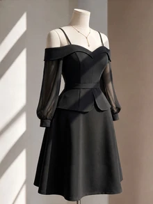 Fine & Folde Women's Elegant Romantic Off-The-Shoulder Top And A-Line Skirt 2 Pieces Set - Black - View 4
