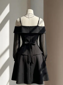 Fine & Folde Women's Elegant Romantic Off-The-Shoulder Top And A-Line Skirt 2 Pieces Set - Black - View 2
