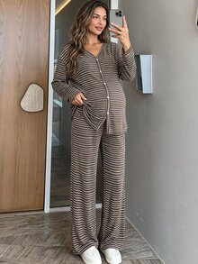 SHEIN Maternity Striped Color Block Button-Up Top And Adjustable Waist Long Pants 2 Pieces Set Fall - Brown - View 2