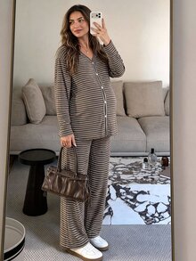 SHEIN Maternity Striped Color Block Button-Up Top And Adjustable Waist Long Pants 2 Pieces Set Fall - Brown - View 11