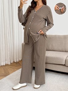 SHEIN Maternity Striped Color Block Button-Up Top And Adjustable Waist Long Pants 2 Pieces Set Fall - Brown - View 10