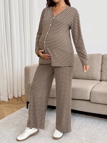 SHEIN Maternity Striped Color Block Button-Up Top And Adjustable Waist Long Pants 2 Pieces Set Fall - Brown - View 4