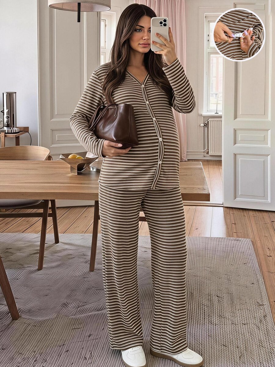 SHEIN Maternity Striped Color Block Button-Up Top And Adjustable Waist Long Pants 2 Pieces Set Fall - Brown - View 1