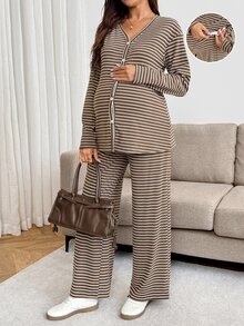 SHEIN Maternity Striped Color Block Button-Up Top And Adjustable Waist Long Pants 2 Pieces Set Fall - Brown - View 7