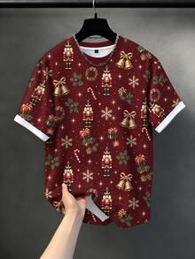 Manfinity Homme 男士大尺碼聖誕胡桃鉗 T-shirt，酒紅色雪花鈴鐺與糖果棒全印花，圓領短袖上衣，聖誕派對穿搭 - 紅色 - 查看 2