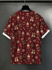 Manfinity Homme 男士大尺碼聖誕胡桃鉗 T-shirt，酒紅色雪花鈴鐺與糖果棒全印花，圓領短袖上衣，聖誕派對穿搭 - 紅色 - 查看 3