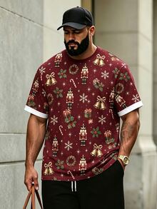 Manfinity Homme 男士大尺碼聖誕胡桃鉗 T-shirt，酒紅色雪花鈴鐺與糖果棒全印花，圓領短袖上衣，聖誕派對穿搭 - 紅色 - 查看 4