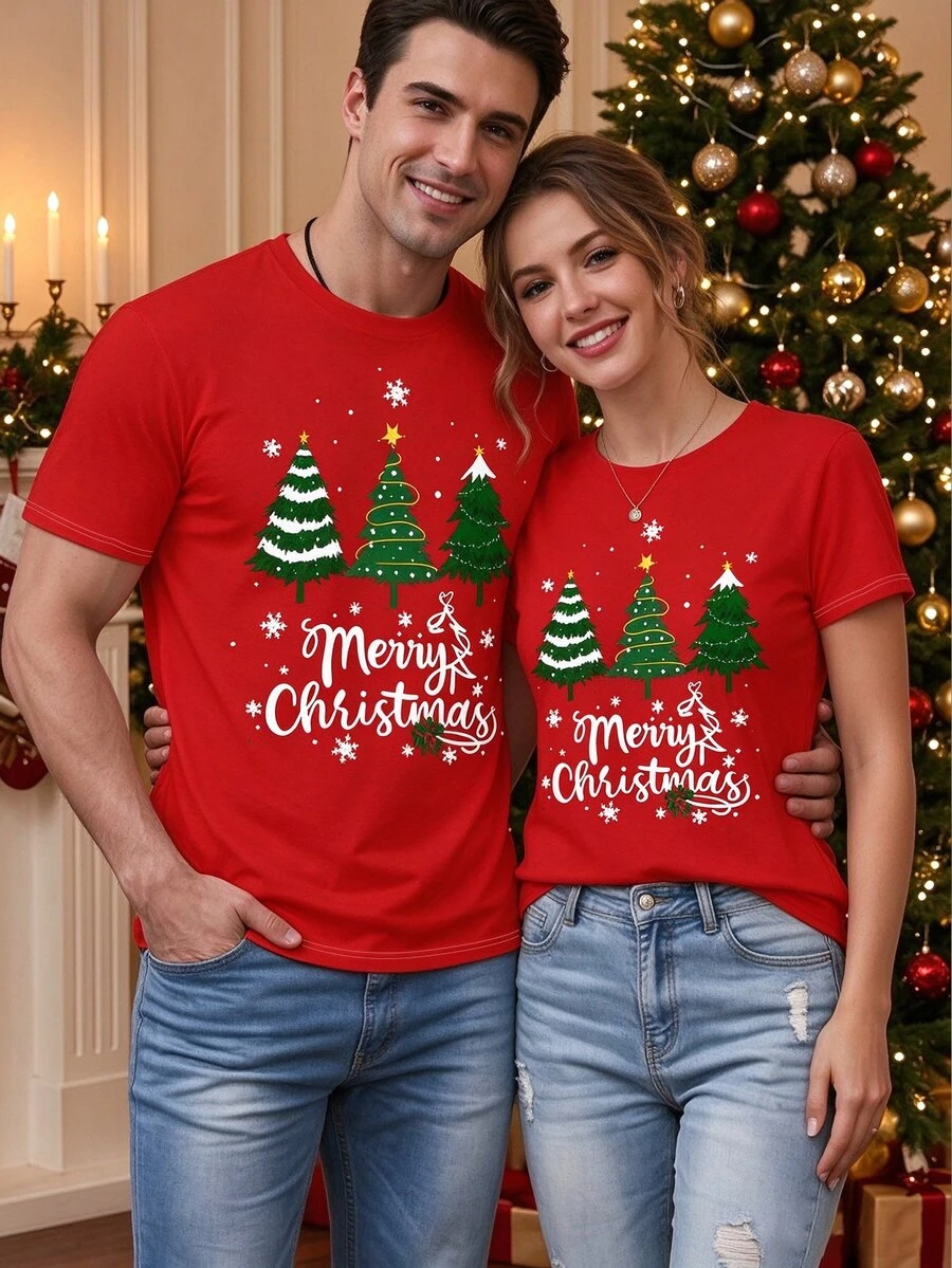 Manfinity Homme Men's Plus Size Christmas Graphic T-Shirt, Short Sleeve Crew Neck Casual Holiday Tee - Red - View 1