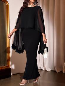 Cravure Plus Size Women's Feather Cuff Chiffon Cape Split Long Evening Dress - Black - View 10