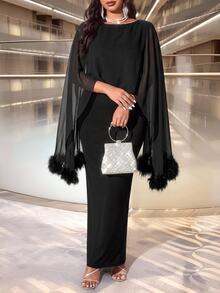 Cravure Plus Size Women's Feather Cuff Chiffon Cape Split Long Evening Dress - Black - View 6