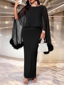Cravure Plus Size Women's Feather Cuff Chiffon Cape Split Long Evening Dress - Black - View 4