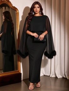 Cravure Plus Size Women's Feather Cuff Chiffon Cape Split Long Evening Dress - Black - View 1