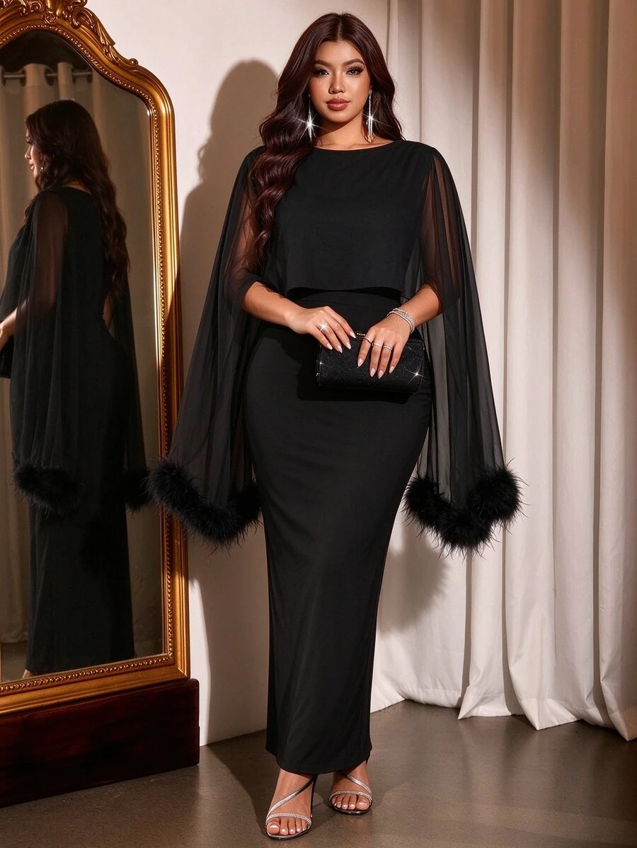 Cravure Plus Size Women's Feather Cuff Chiffon Cape Split Long Evening Dress - Black - View 1