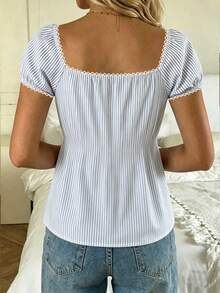 CovetEZ Casual Minimalist Daily Versatile All-Match Blue And White Striped, Comfortable And Cute For Home, Beach, Vacation, Women's Summer , Lace Trim Puff Sleeve Bow Tie Neck T-Shirt, Summer Top - Multicolor - View 3