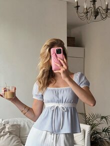 CovetEZ Casual Minimalist Daily Versatile All-Match Blue And White Striped, Comfortable And Cute For Home, Beach, Vacation, Women's Summer , Lace Trim Puff Sleeve Bow Tie Neck T-Shirt, Summer Top - Multicolor - View 1