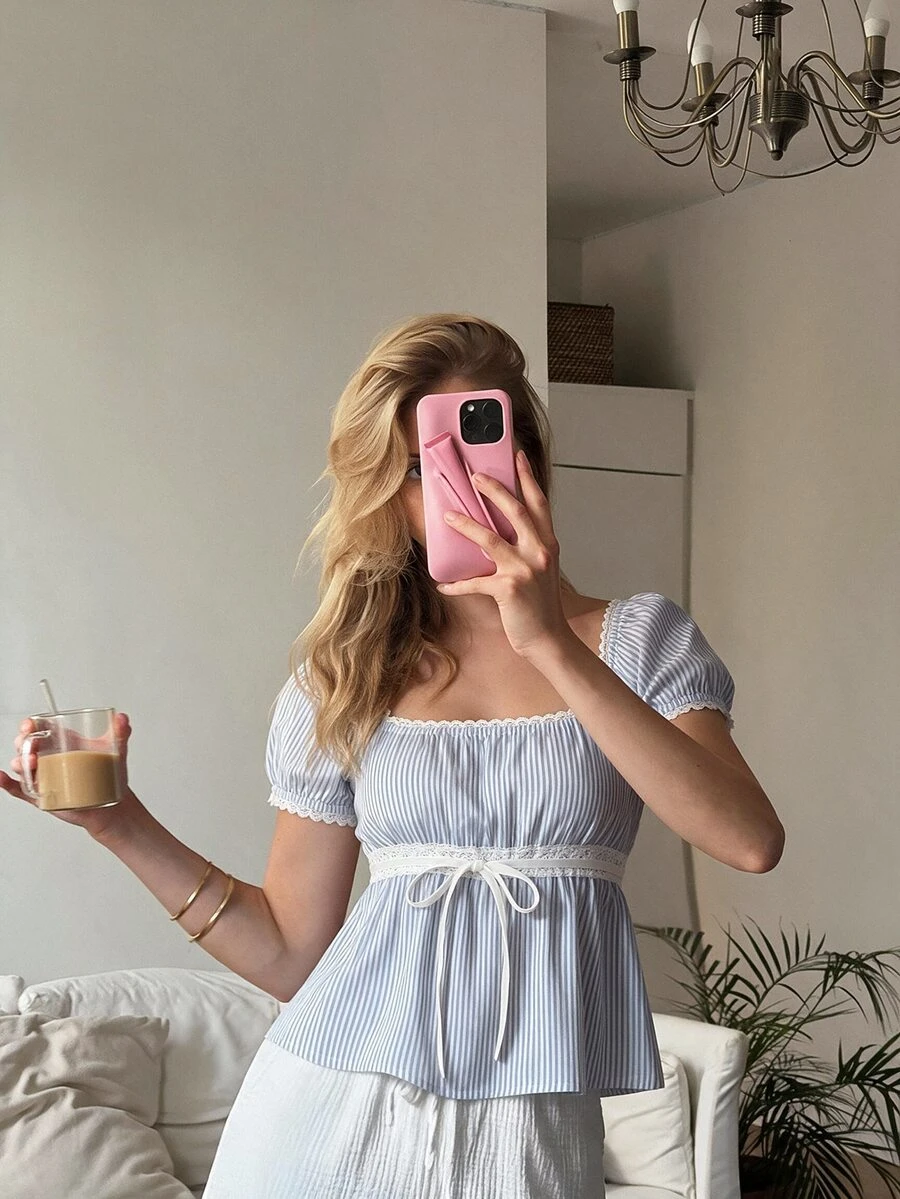 CovetEZ Casual Minimalist Daily Versatile All-Match Blue And White Striped, Comfortable And Cute For Home, Beach, Vacation, Women's Summer , Lace Trim Puff Sleeve Bow Tie Neck T-Shirt, Summer Top - Multicolor - View 1