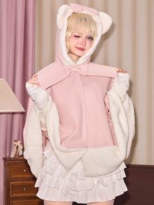 ROMWE Kawaii Autumn/Winter Cute Japanese Style Cat Ear Pink Wool & Coral Fleece Cape-Style Regular Fit Women's Jacket - Pink - View 6