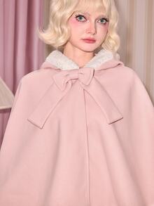 ROMWE Kawaii Autumn/Winter Cute Japanese Style Cat Ear Pink Wool & Coral Fleece Cape-Style Regular Fit Women's Jacket - Pink - View 2