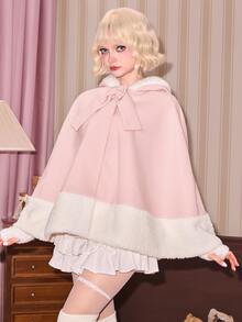 ROMWE Kawaii Autumn/Winter Cute Japanese Style Cat Ear Pink Wool & Coral Fleece Cape-Style Regular Fit Women's Jacket - Pink - View 3