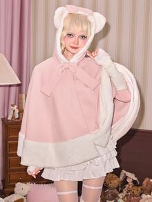 ROMWE Kawaii Autumn/Winter Cute Japanese Style Cat Ear Pink Wool & Coral Fleece Cape-Style Regular Fit Women's Jacket - Pink - View 5