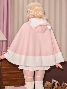 ROMWE Kawaii Autumn/Winter Cute Japanese Style Cat Ear Pink Wool & Coral Fleece Cape-Style Regular Fit Women's Jacket - Pink - View 4