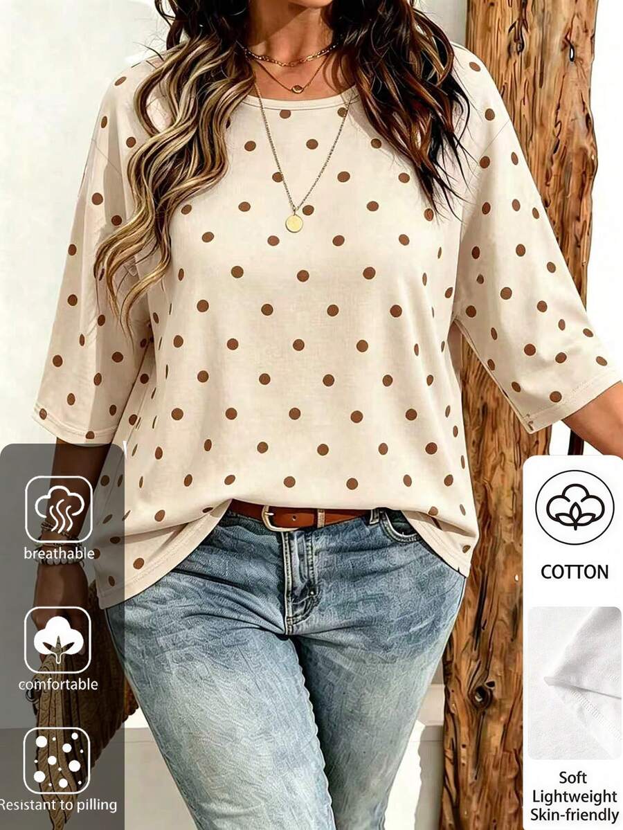 Weeklong Plus Size Women's Casual Minimalist Polka Dot Print Drop Shoulder T-Shirt, Suitable For Summer Wear - Multicolor - View 1