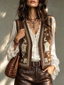 Franclia Women's Casual Floral Embroidered V-Neck Vest Jacket, Autumn - Brown - View 1