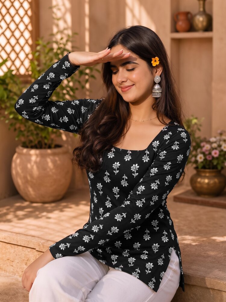 Bytebia Bytebia Women's Vacation Long Sleeve Side Slit Square Neck Top - Multicolor - View 5