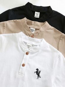 SHEIN Kids 3Packs Young Boy Casual Style Horse Embroidery Button Front Short Sleeve Regular Thickness Henley Shirts For Summer Vacation Daily All Season Pcs - Multicolor - View 3