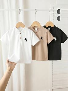SHEIN Kids 3Packs Young Boy Casual Style Horse Embroidery Button Front Short Sleeve Regular Thickness Henley Shirts For Summer Vacation Daily All Season Pcs - Multicolor - View 5
