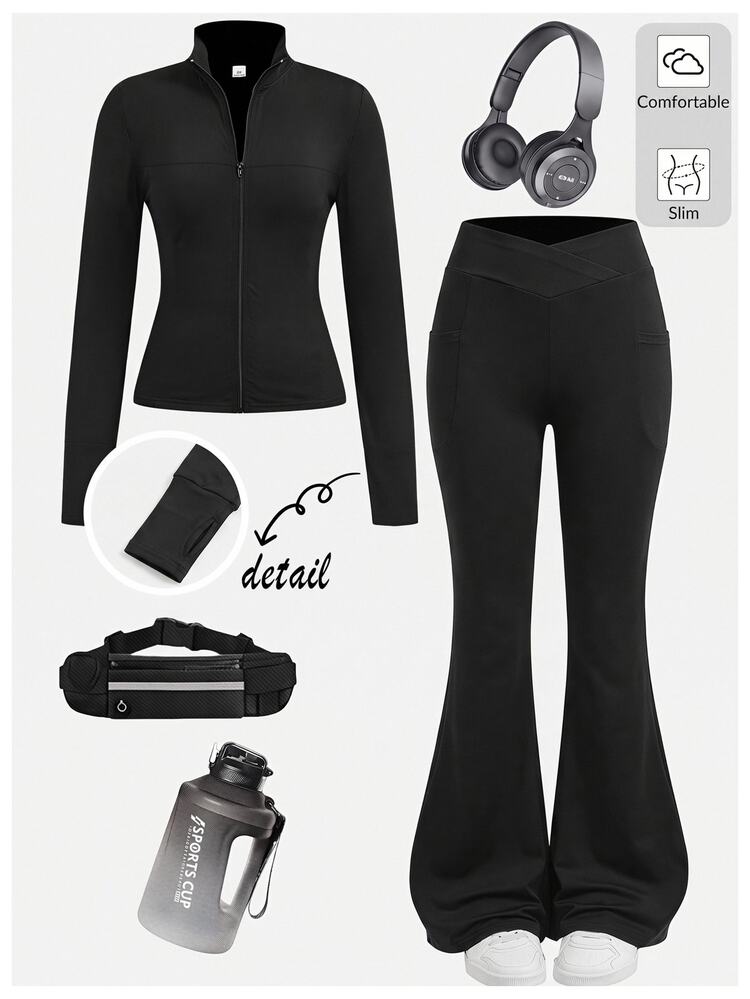SHEIN KIDS Teen Girls Black Knitted Stand Collar Zipper Pocket Slim Fit Casual Sweatshirt Jacket & Pants Sports 2Pcs Set Sporty Fall Winter Thanksgiving - Black - View 8