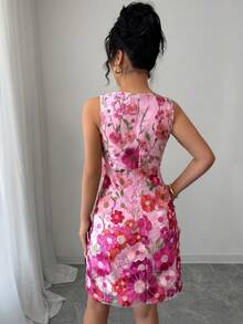 Suri Mira 女款圓領無袖優雅浪漫花卉刺繡修身短洋裝，粉色花卉夏季正式婚禮約會度假外出裙 - 玫紅色 - 查看 10