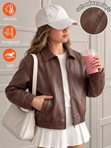 青少年女孩棕色皮革夾克，時尚高端設計，適合日常穿著與秋冬戶外旅行 - 棕色 - 查看 3