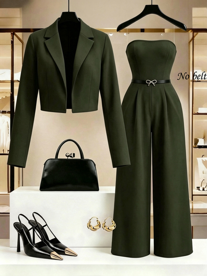 Selianne Women's Coffee Brown Blazer + Bandeau Back-Tie Jumpsuit Set, High-End Elegant Design, Birthday Gift, Date, Party, Carnival, Music Festival, Cocktail Party, High-Aura Outfit, Travel, Vacation, Street Photography, Atmosphere Outfit, Spring/Summer/Autumn Set, Spring/Summer/Autumn New Essential, Fashion Versatile, Niche Design Two Pieces Set