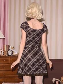 Autumn/Winter Sweetness Brown Plaid Fitted A-Line Short Dress For Women - Brown - View 6