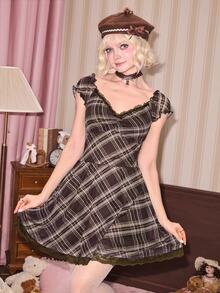 Autumn/Winter Sweetness Brown Plaid Fitted A-Line Short Dress For Women - Brown - View 5
