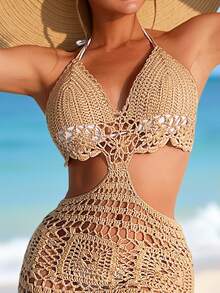 SHEIN Swim Women's Solid Color Hollow Out Tassel Hem Waist Cutout Halter Neck Cover Up Dress, Vacation - Khaki - View 6
