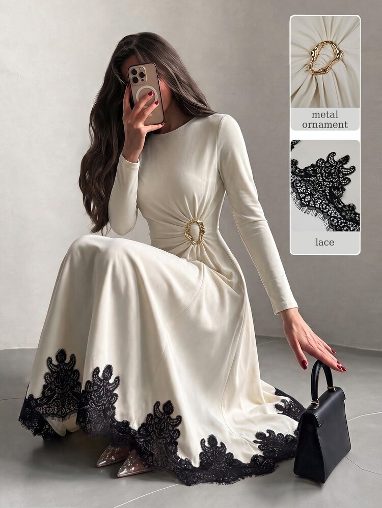 NOVVYNE Women's Apricot Knitted Round Neck Ruched Waist Metal Button Long Sleeve A-Line Hem Lace Trim Romantic Elegant Midi Dress - Apricot - View 1