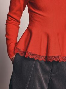 KSTM Fitted Long Sleeve Peplum Knit Top With Crew Neck And Flared Ruffle Hem Perfect For Fall Winter Occasions - Red - View 6