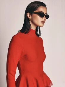 KSTM Fitted Long Sleeve Peplum Knit Top With Crew Neck And Flared Ruffle Hem Perfect For Fall Winter Occasions - Red - View 4