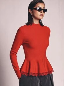 KSTM Fitted Long Sleeve Peplum Knit Top With Crew Neck And Flared Ruffle Hem Perfect For Fall Winter Occasions - Red - View 1