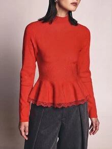 KSTM Fitted Long Sleeve Peplum Knit Top With Crew Neck And Flared Ruffle Hem Perfect For Fall Winter Occasions - Red - View 5
