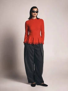 KSTM Fitted Long Sleeve Peplum Knit Top With Crew Neck And Flared Ruffle Hem Perfect For Fall Winter Occasions - Red - View 3