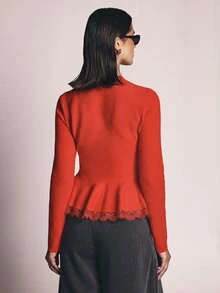 KSTM Fitted Long Sleeve Peplum Knit Top With Crew Neck And Flared Ruffle Hem Perfect For Fall Winter Occasions - Red - View 2