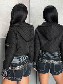 EgrlEra Women's Autumn New Thin Padded Coat With Faux Pockets, Waist-Cinching Design, Slimming, Versatile, Color-Block Ribbed, Vintage Elegant Style - Black - View 2