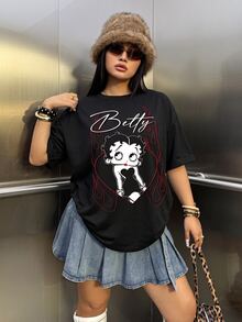 Betty Boop x SHEIN 大尺碼女款字母卡通印花短袖休閒創意T恤 度假海灘黑色 - 白色 - 查看 1
