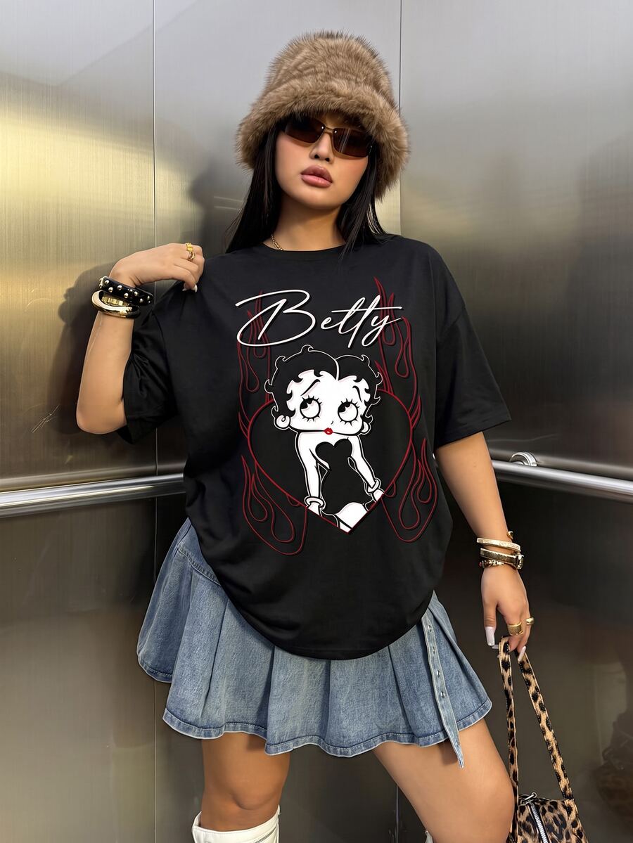 Betty Boop x SHEIN 大尺碼女款字母卡通印花短袖休閒創意T恤 度假海灘黑色 - 白色 - 查看 1