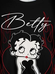 Betty Boop x SHEIN 大尺碼女款字母卡通印花短袖休閒創意T恤 度假海灘黑色 - 白色 - 查看 5