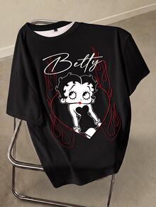 Betty Boop x SHEIN 大尺碼女款字母卡通印花短袖休閒創意T恤 度假海灘黑色 - 白色 - 查看 3