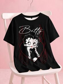 Betty Boop x SHEIN 大尺碼女款字母卡通印花短袖休閒創意T恤 度假海灘黑色 - 白色 - 查看 4